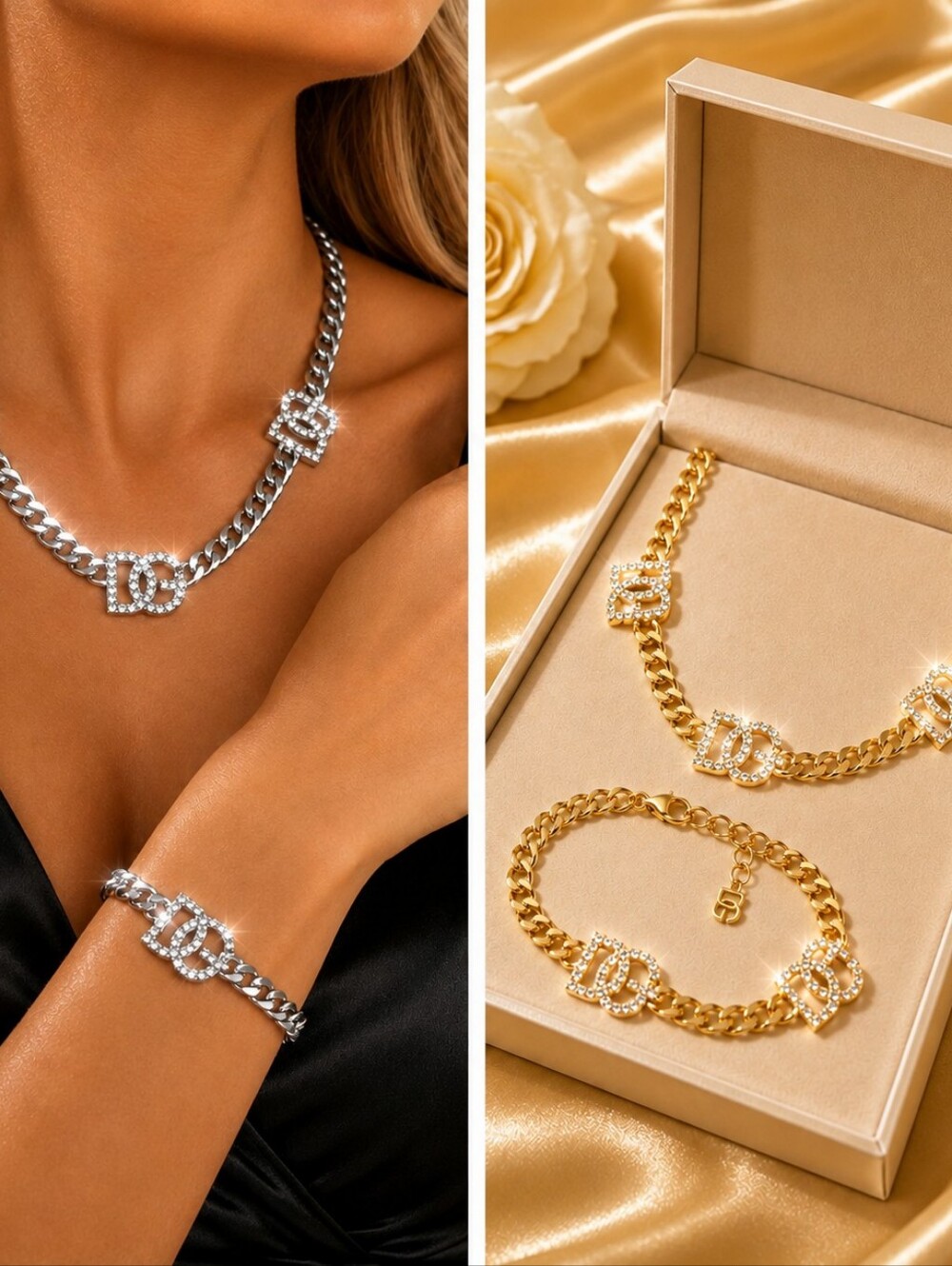 Designer-Inspired Crystal Chain Necklace Bracelet Set Silver or Gold Tone